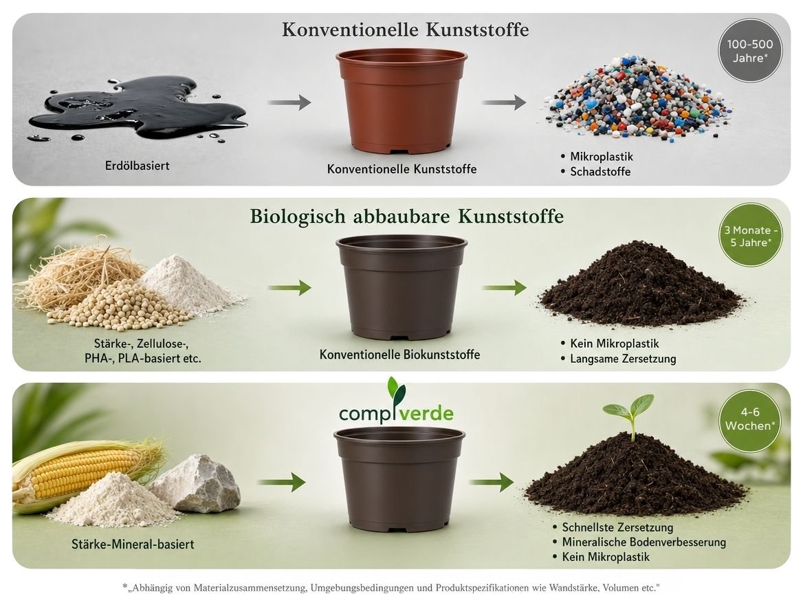 Vergleich: herkömmlicher Kunststoff, Biokunststoff und comp I verde Biokunststoff